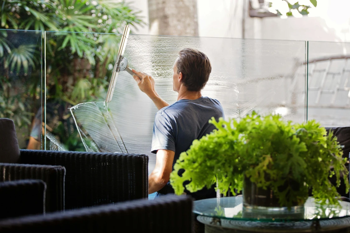 man cleaning office